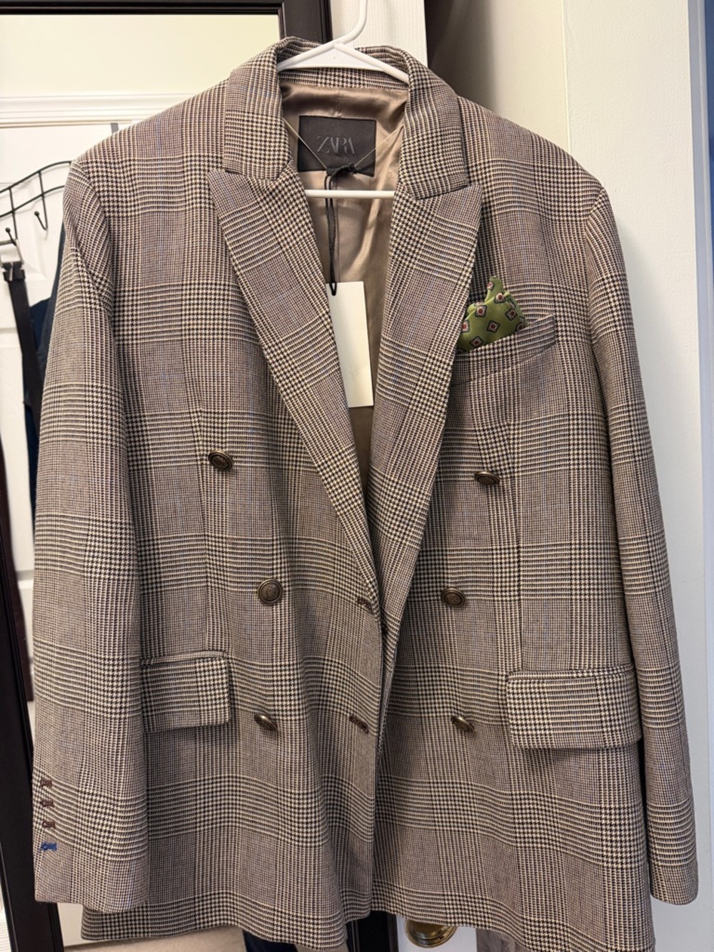 NEW ZARA Brown Glen Plaid Double-Breasted Blazer 30% wool
